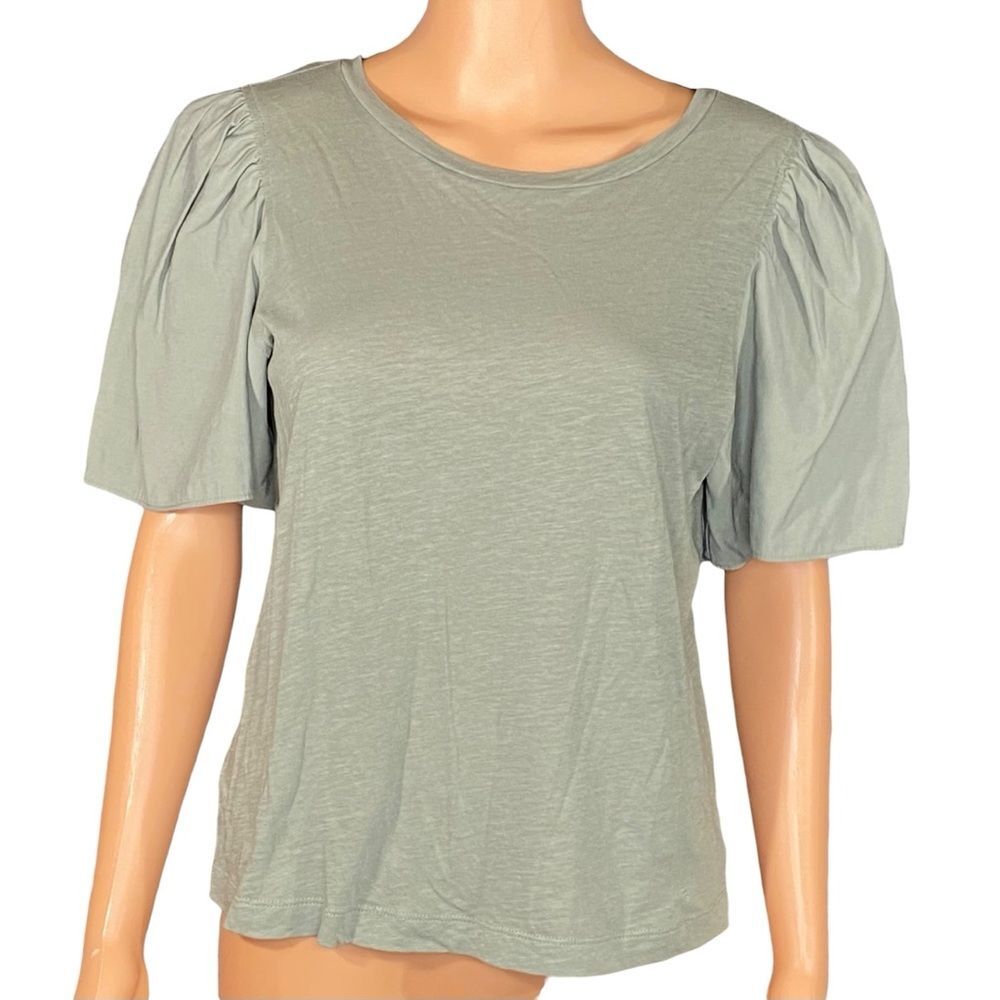 LOFT Sage Green Puff Sleeve Crewneck Blouse SZ Small Casual Lightweight Summer
